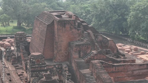 Aerial drone shot of the ancient ruins of Nalanda University in Bihar, India, UNESCO World Heritage Site and historic center of learning
