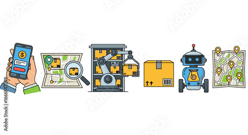 Illustration showing automated delivery system with robot arm and mobile tracking application design