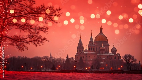 Ornate domed building with red bokeh lights and bare trees