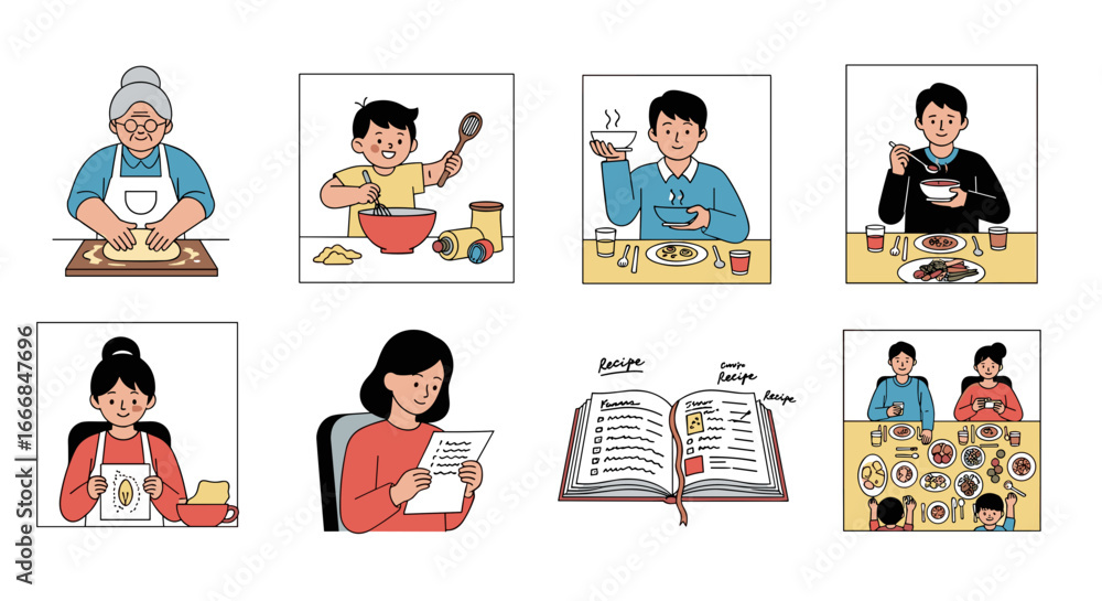 Obraz premium Illustrations depicting people cooking, eating, reading recipes, and enjoying meals together in various settings