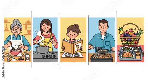 Illustrative depiction of family members engaged in cooking reading and preparing a meal together