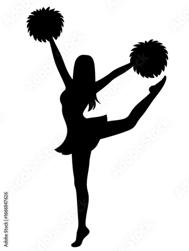 Cheerleader silhouette in heel stretch pose with one supporting leg and the other lifted to the side, arms raised in V with pom poms, dance elegance, flexibility, grace, strength and cheerleading perf