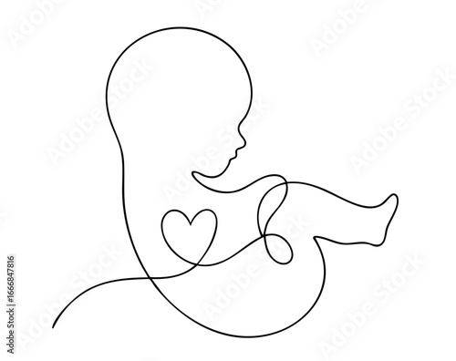 Minimalist line art baby embryo with heart symbol inside womb, prenatal development, pregnancy and motherhood concept illustration