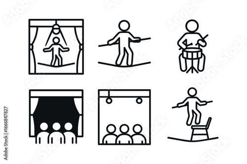 vector outline icons tightrope walking (theater stage): dim light single rope black backdrop drum player small crowd chair stand.