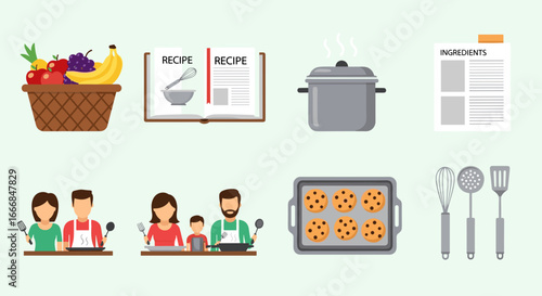 Illustration of a family cooking with a recipe book, ingredients, and kitchen utensils displayed