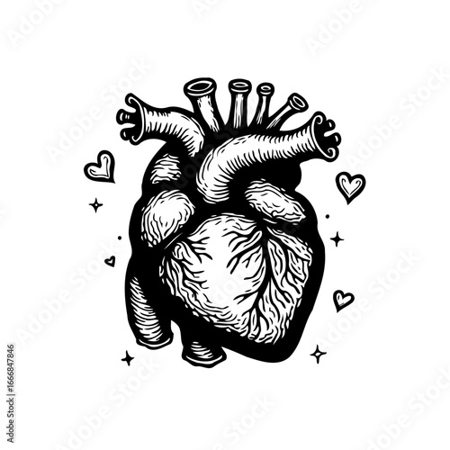 Detailed anatomical heart illustration surrounded by delicate hearts evoking feelings of affection