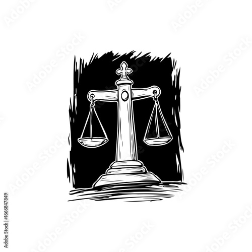Depiction of balanced justice instrument representing legal framework decisions and judicial