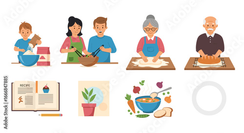 Illustration showing family members cooking and baking together with recipe book and soup bowl image