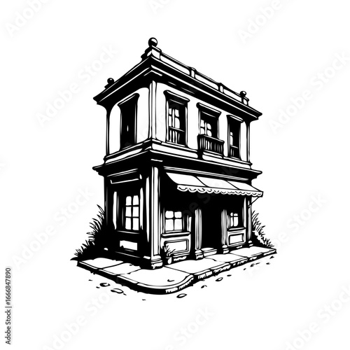 Detailed black and white line art illustration of a vintage two-story building evoking historical