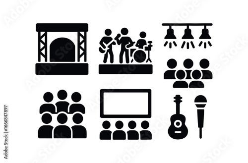 vector solid black filled icons civic celebration (concert): stage live bright lights audience big screen instruments.