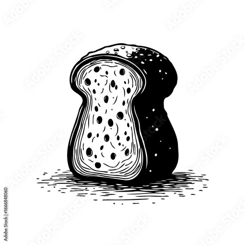 Detailed monochrome bread slice illustration displaying texture and surface detail with shadow