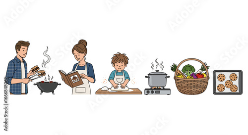 Family cooking together with barbecue, baking, vegetables and a pot on the stove in the kitchen area