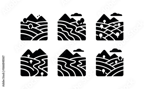 vector solid black filled icons terraced hillside (aerial): stepped pattern winding paths patchwork colors scattered trees distant mountains sky view.