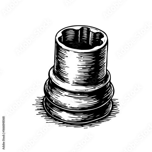 Detailed monochrome depiction of a socket wrench head emphasizing texture and form creating an