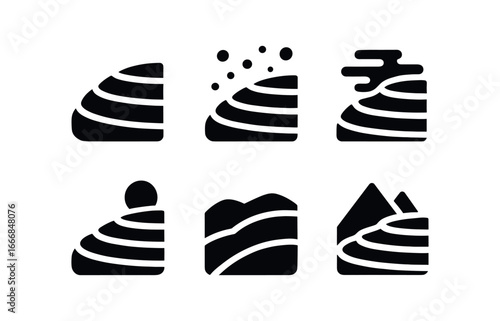 vector solid black filled icons terraced hillside (winter): bare terraces frost patches mist low sun quiet slopes distant peaks.