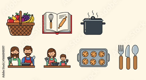 Illustration showing a family cooking together with various kitchen utensils and food items displayed