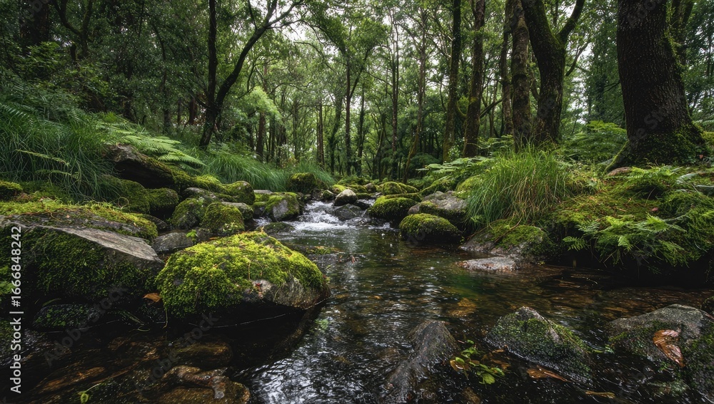 Obraz premium A tranquil stream meanders through a mossy forest