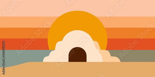 Minimalist cream-colored adobe-style dwelling with a rounded shape and a dark arched doorway.