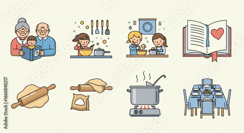 Illustration showing family reading, children cooking, and a prepared dining table setting for a meal