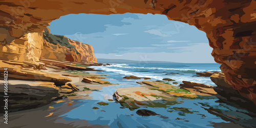 Stylized illustration of a scenic coastal view from inside a natural rock arch cave.