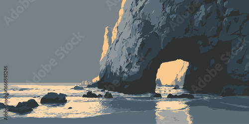 A stylized illustration of a majestic sea arch and rugged cliffs illuminated by warm, golden light.