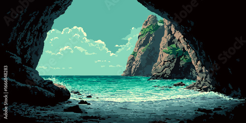 Pixel art view from a dark cave onto a sunlit turquoise sea and rocky cliff.
