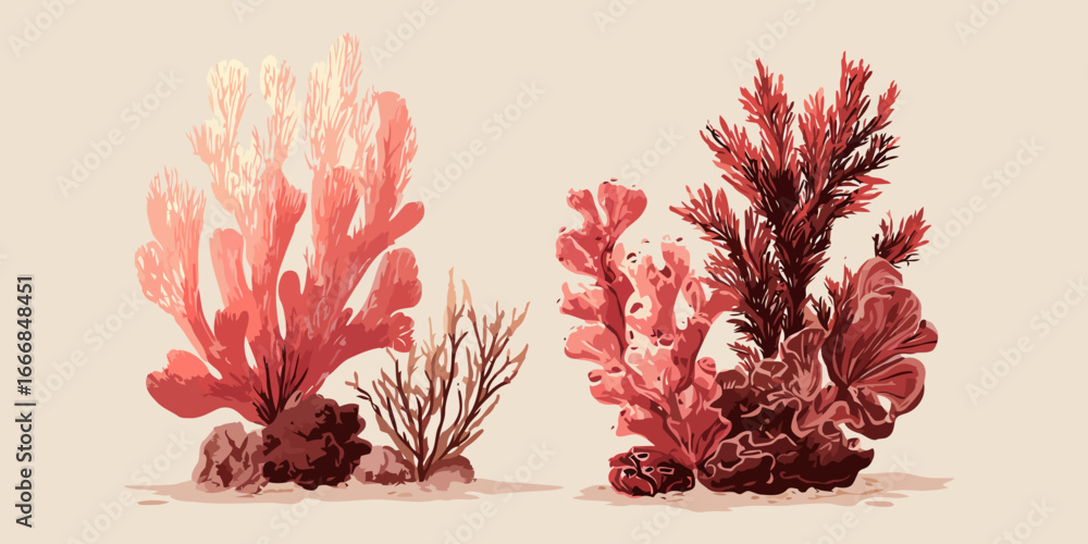 Fototapeta premium Elegant vector illustration of two red marine algae clusters with detailed fronds and rocky bases.