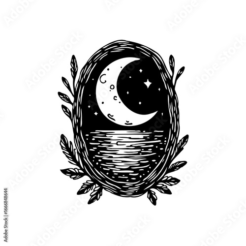 Dreamy crescent moon and starry sky reflecting on serene waters within an oval frame with