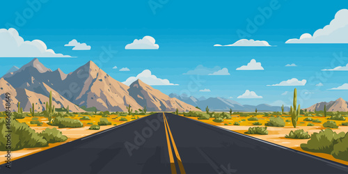 Illustrated desert highway stretching towards distant mountains under a bright blue sky.