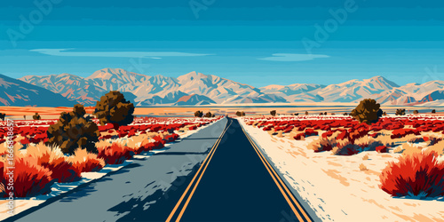 Vibrant vector illustration of a desert road flanked by red shrubs, leading to distant mountains under a clear sky.