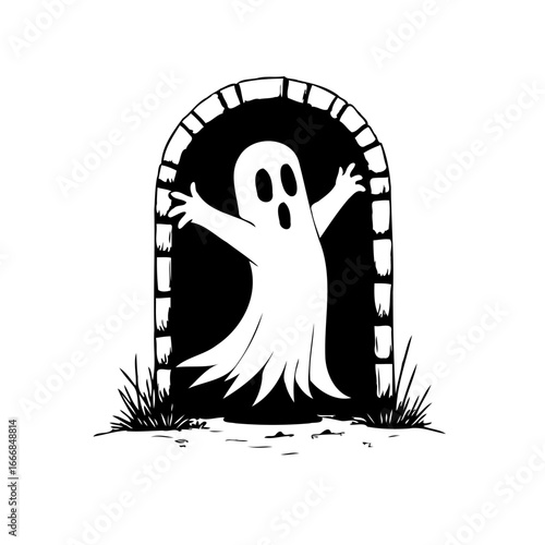 Eerie apparition emerging from gothic stone archway, a whimsical Halloween illustration in stark