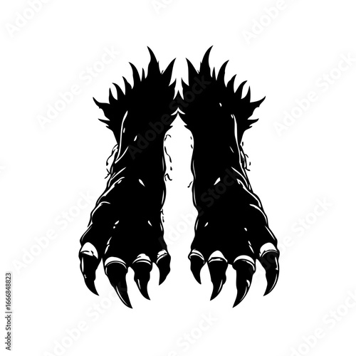 Eerie depiction of menacing clawed paws on display against a stark white backdrop that evokes a