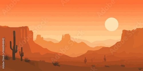 Stylized orange desert landscape with silhouetted cacti, mesas, and a setting sun.