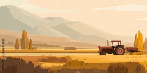 A reddish-brown farm tractor with a trailer, depicted in a stylized, flat vector art style.