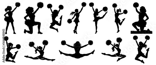 Set of cheerleader silhouettes with pom poms in dynamic dance and jump poses, symbol of energy, celebration, performance, teamwork, enthusiasm and the spirit of sports events and competitions