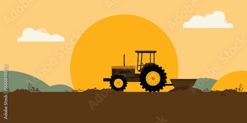 Flat vector illustration of a yellow and brown farm tractor with large wheels plowing soil.