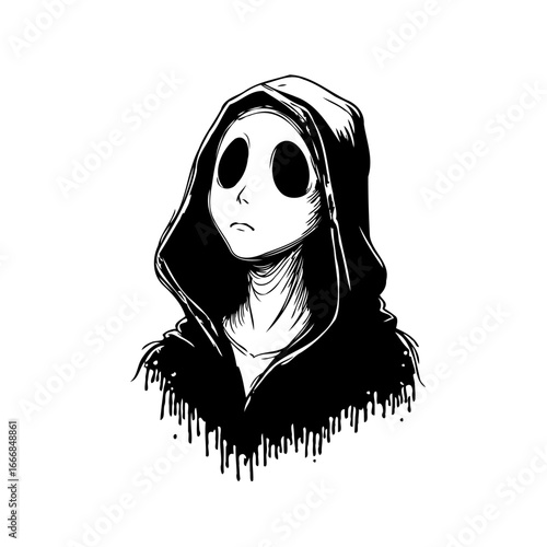 Eerie hooded figure with stark black eyes evoking mystery creating a chilling artistic spectral