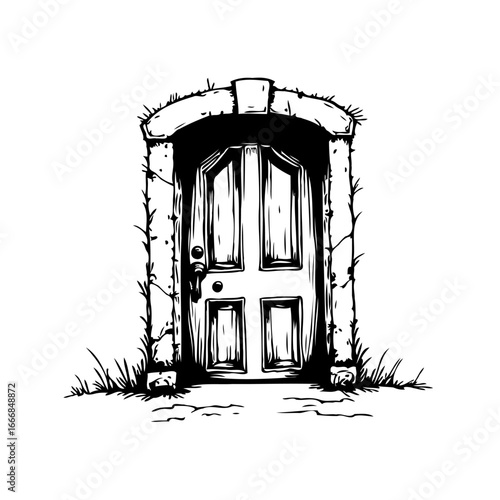Eerie arched doorway illustration evoking mystery with its weathered stone frame and overgrown