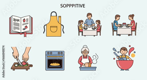 Illustration showing cooking and dining scenes including family and individual activities in the kitchen