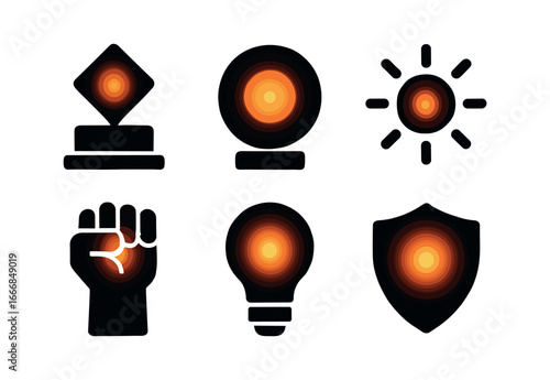 vector solid black filled icons earnestness (abstract): bold lines warm tones centered light steady shapes symmetry glowing core.