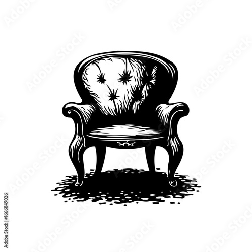Elegant black and white antique chair illustration showcasing intricate details and ornate design