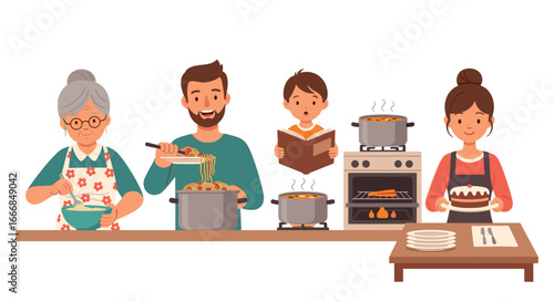 Illustration showing a family cooking together in the kitchen with pots and pans and a cake on a table