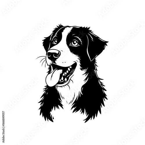 Elegant black and white illustration of a cheerful border collie dog expressing happiness and