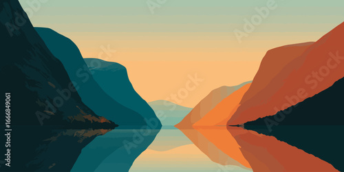Stylized fjord landscape with contrasting teal and orange mountains reflected in calm, still water.
