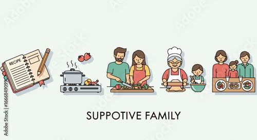 Illustration of a family cooking together with recipe book and supportive family text below it