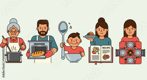 A family cooking together with grandma stirring pot and dad baking bread and table setting ready now