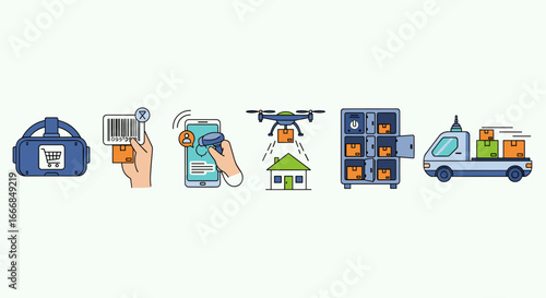 Illustration showing vr headset, barcode scanning, phone security, drone delivery and package transport