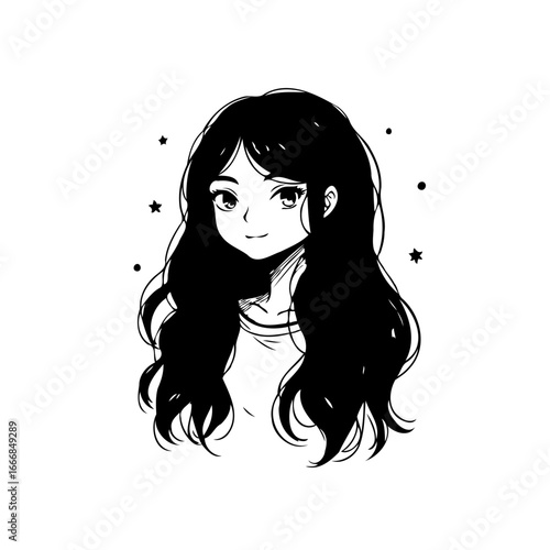 Elegant depiction of a young woman's dreamy gaze surrounded by ethereal stars radiating a calming