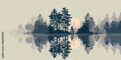 Serene Pine Forest Silhouette with Calm Lake Reflection and Distant Sun