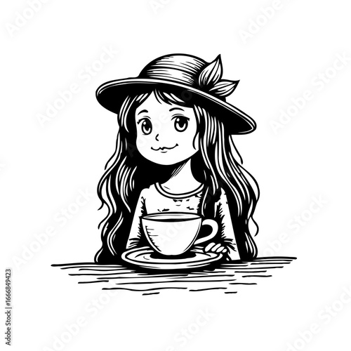 Elegant girl with a hat enjoys tea time in a charming vintage illustration drinking hot beverage